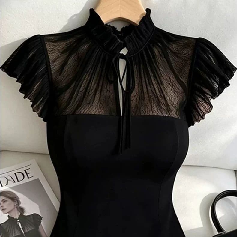 2026 Summer French Black Lace Patchwork Ruffled Sleeve Stand Collar Waist Top for Women, Fashionable Short Sleeve Top