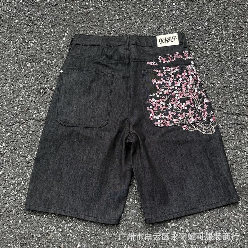 DS Cherry Blossom Embroidery Jorts American Street Style Cherry Blossom Embroidered Denim Shorts