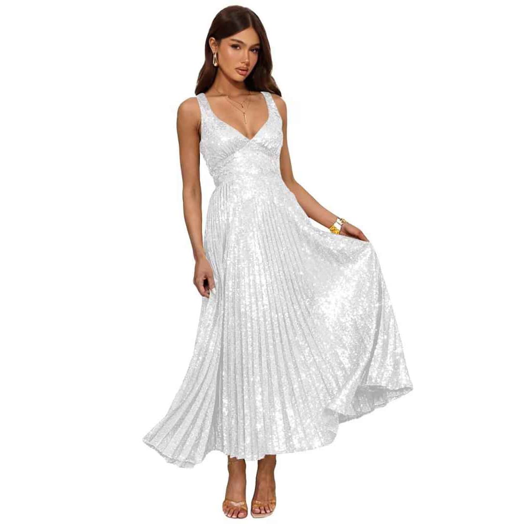 Amazon Evening Dress Foreign Trade Sequin Bridesmaid Dress Deep V Neck Sleeveless Extra Long Prom Dress Party Reception Dress