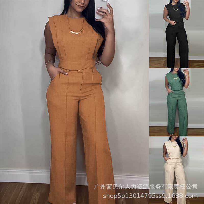ODS5486 Women's Round Neck Short Top + Straight Leg Pants Casual Set