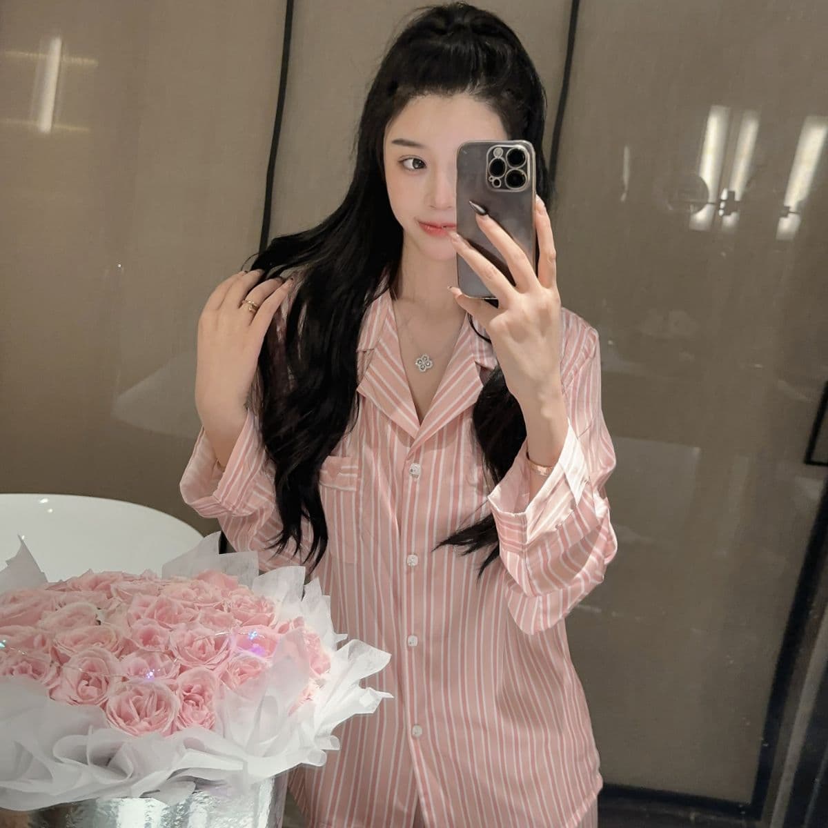 Yase055 [Pink Beauty] Women's Striped Pajama Set with Custom Pockets, Premium Feel