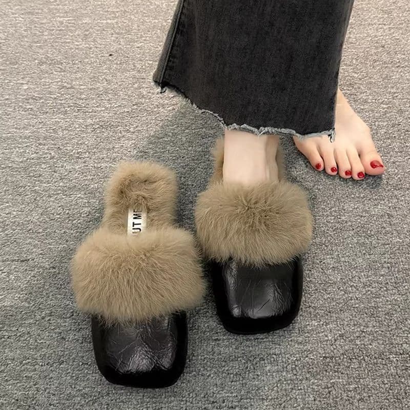 French-style elegant closed-toe furry slippers, fleece-lined women's outdoor 2024 flat new mules, lazy style, popular for going out