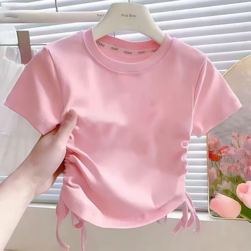 Threaded Korean-style Girls Summer Solid Color Fashion Simple Round Neck T-Shirt Kids Trendy Drawstring Short Sleeve Top