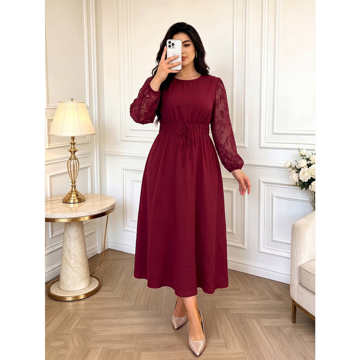 Cross-border round neck lace puff sleeve dress with waist drawstring, slimming and flesh-covering temperament, mid-length A-line dress