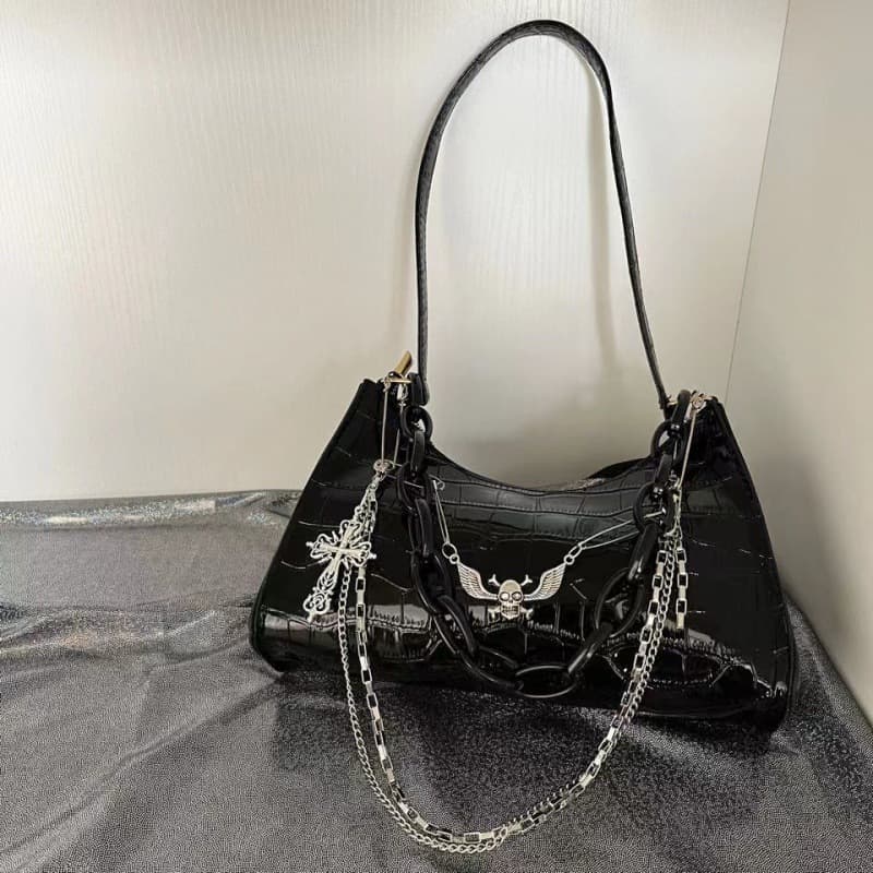 Subculture dark punk armpit bag cross skull shoulder bag y2k hot girl chain crocodile pattern crossbody bag