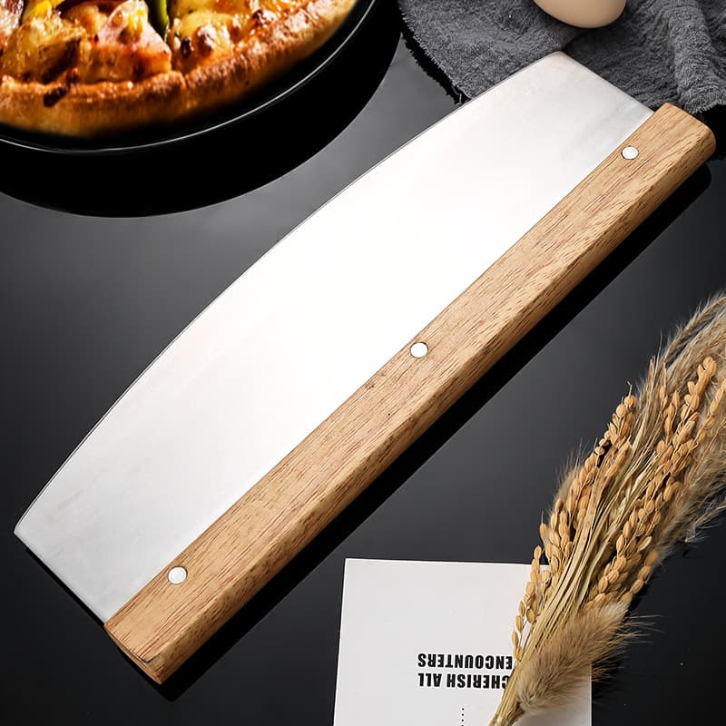 Stainless Steel Pizza Cutter with Wooden Handle, Crescent Baking Pizza Rocker Knife, Dough Slicer, Pizza Knife