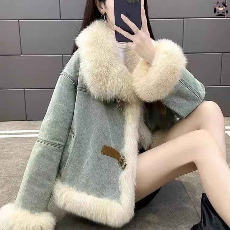 Korean-style design faux fur collar blue denim jacket, fashionable lined thick warm imitation fur short jacket ins