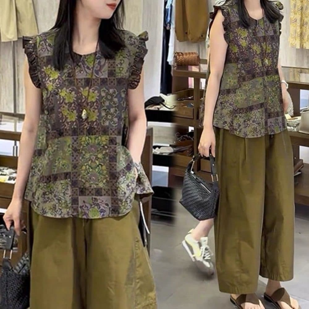 2026 Summer New Style Chinese Fashion Tops Printed Wide Leg Pants High-end Temperament Reducing Age and Slimming Two-piece Suit