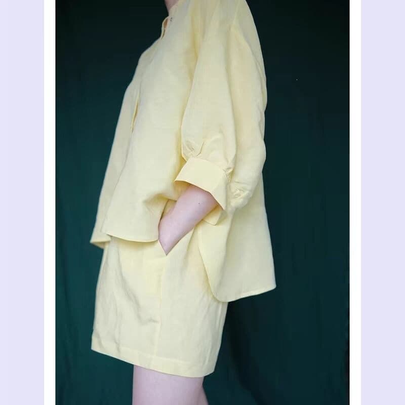 2026 Summer Casual Comfortable Lightweight Breathable Two-Piece Set Sweet Milky Yellow Linen Shirt and Shorts Set