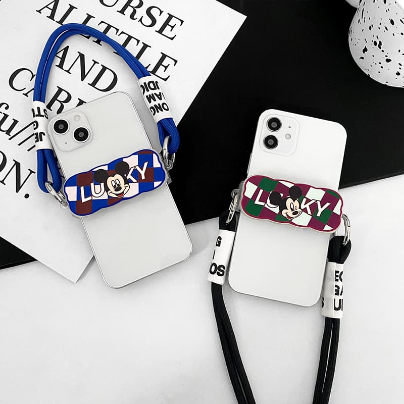 Cartoon Anime Phone Case for iPhone 15 Pro Max, Mickey Mouse Back Clip, Apple 13 Crossbody 12 Lanyard 14