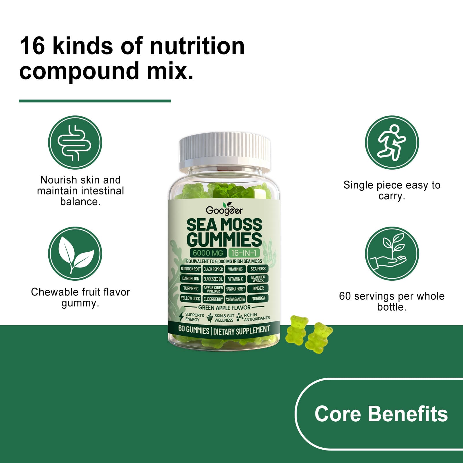 GOOGEER Seaweed Smoothie Complex Gummies Gentle Formula Daily On-the-Go Dietary Supplement Gummies