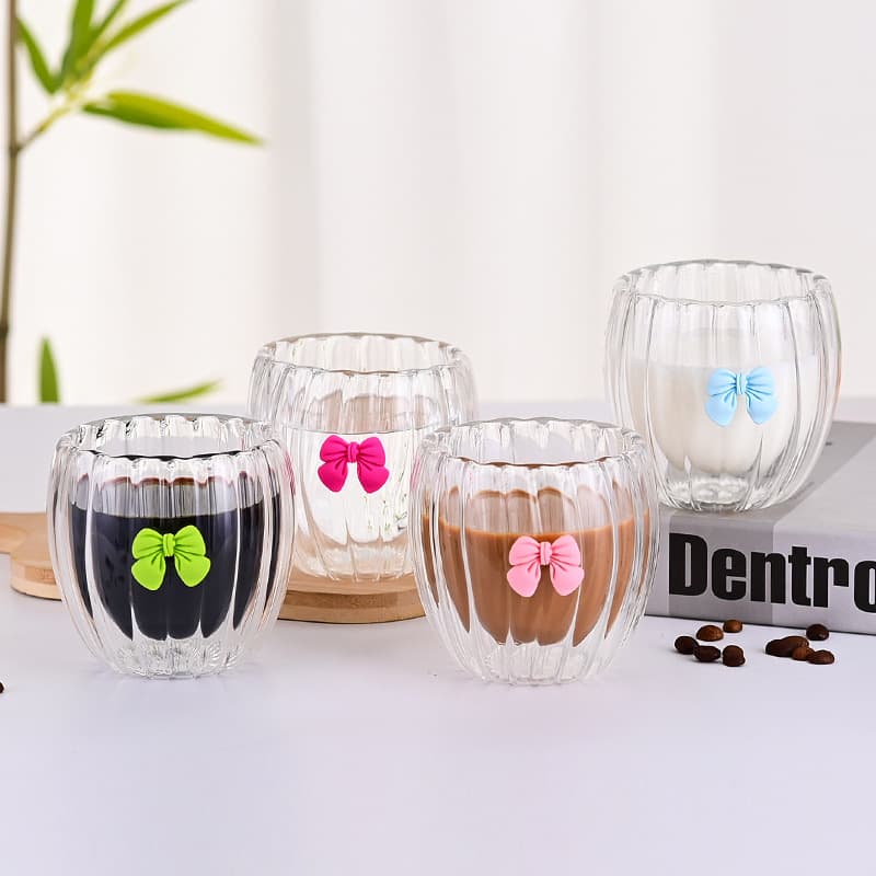 Heat Resistant Glass Cup with Handle Vertical Stripe Butterfly Knot Coffee Cup Simple Creative Home Use Environment Friendly
