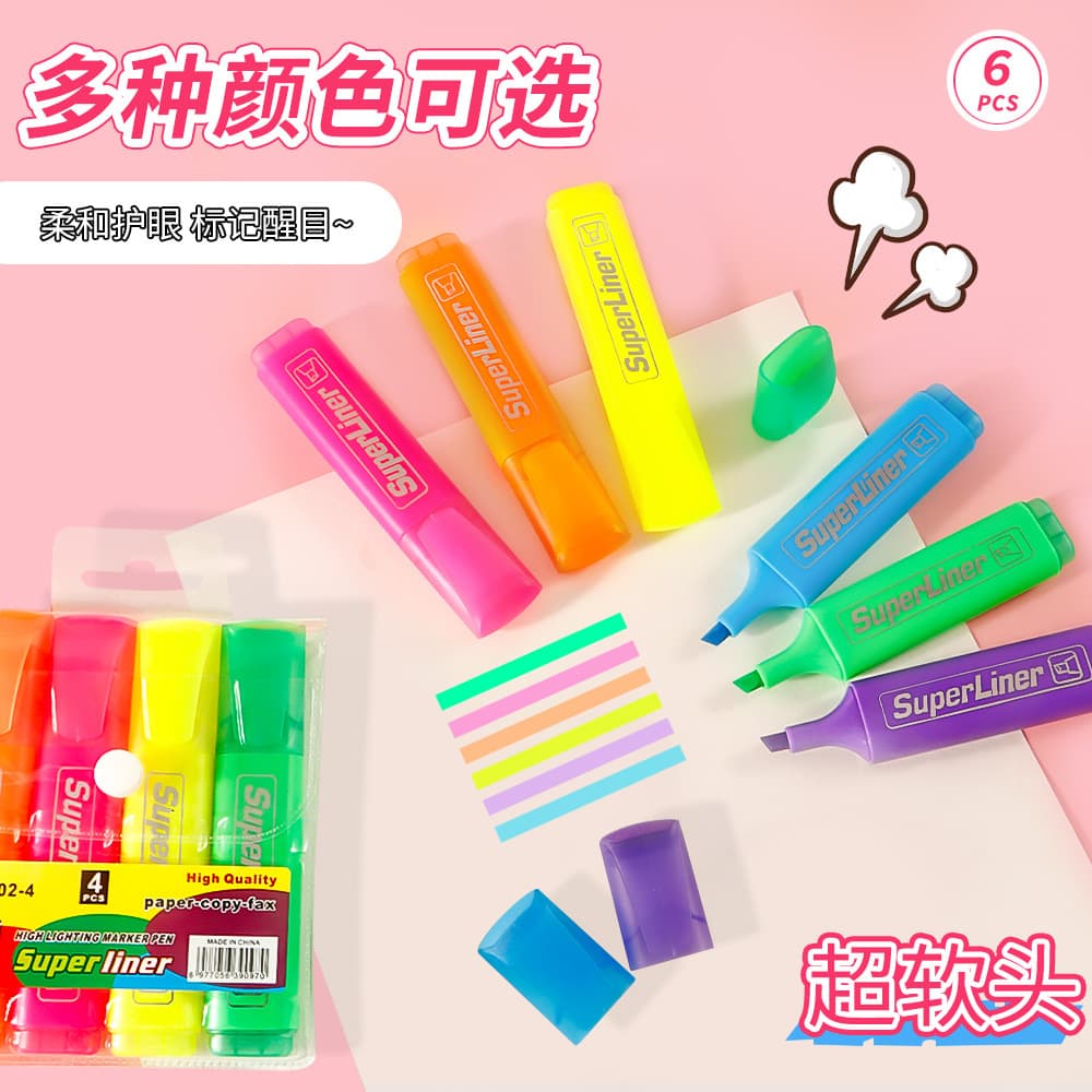 Highlighter foreign trade classic best-selling marker pen 6-color oblique-head color marker thick-head fluorescent office label pen