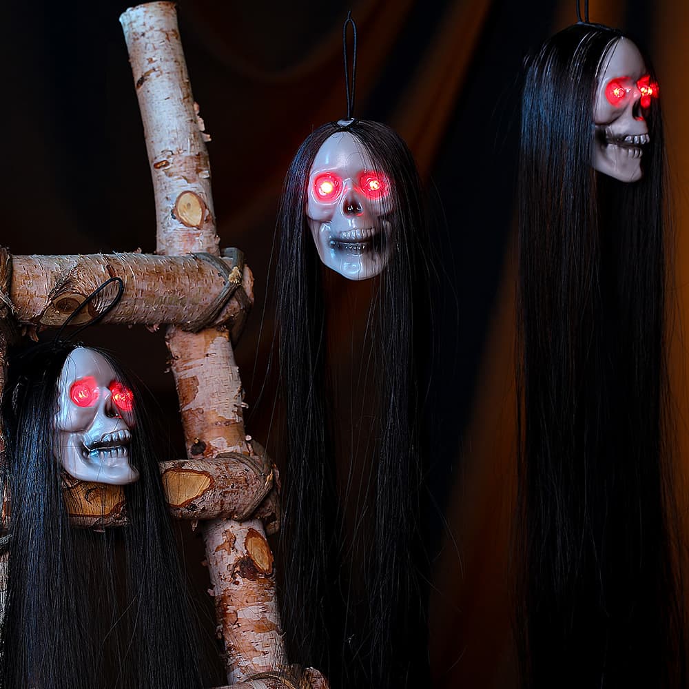 Cross-border Halloween New Long-haired Ghost Glowing Ghost Head Horror Hanging Ghost Haunted House Escape Room Scene Decoration Prop