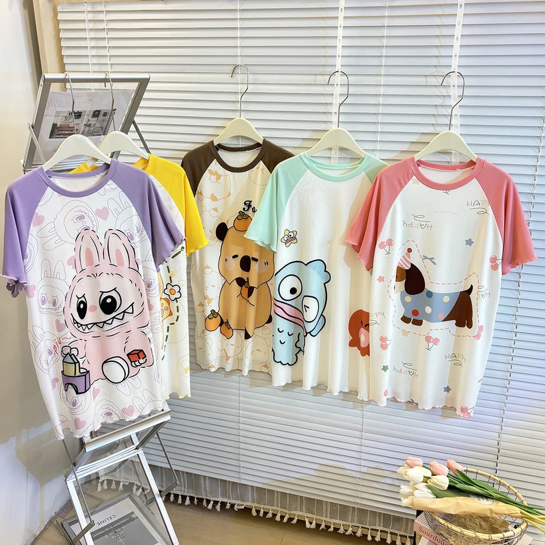Children's Summer Thin Long Sleep Dress, Girls' Ice Silk Casual Lace Short Sleeve Robe, Baby Cartoon Pajamas, Air Conditioning Wear