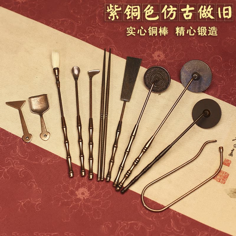 Purple-copper Suzhou-style incense tools: pure brass seven-piece set for empty burning, including ash press, shovel, spoon, and chopsticks.