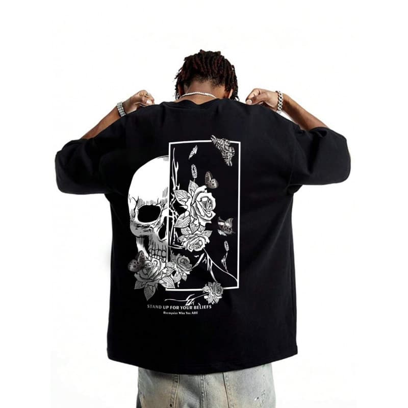 Cross-border EU Size ROMWE MEN Goth Men Cotton Butterfly & Skull Print Te