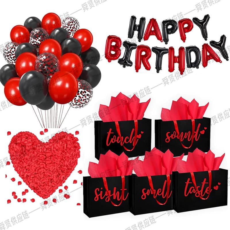 Five Senses Gift Bag Rose Petals Happy Birthday Party Balloons for Him Husband Boyfriend (Red Black)