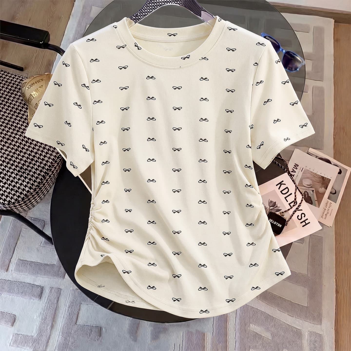 Girls' Side Gather Round Hem Short Sleeve T-Shirt, Thin Fitted Top, Summer Stylish Butterfly Floral Print for Girls