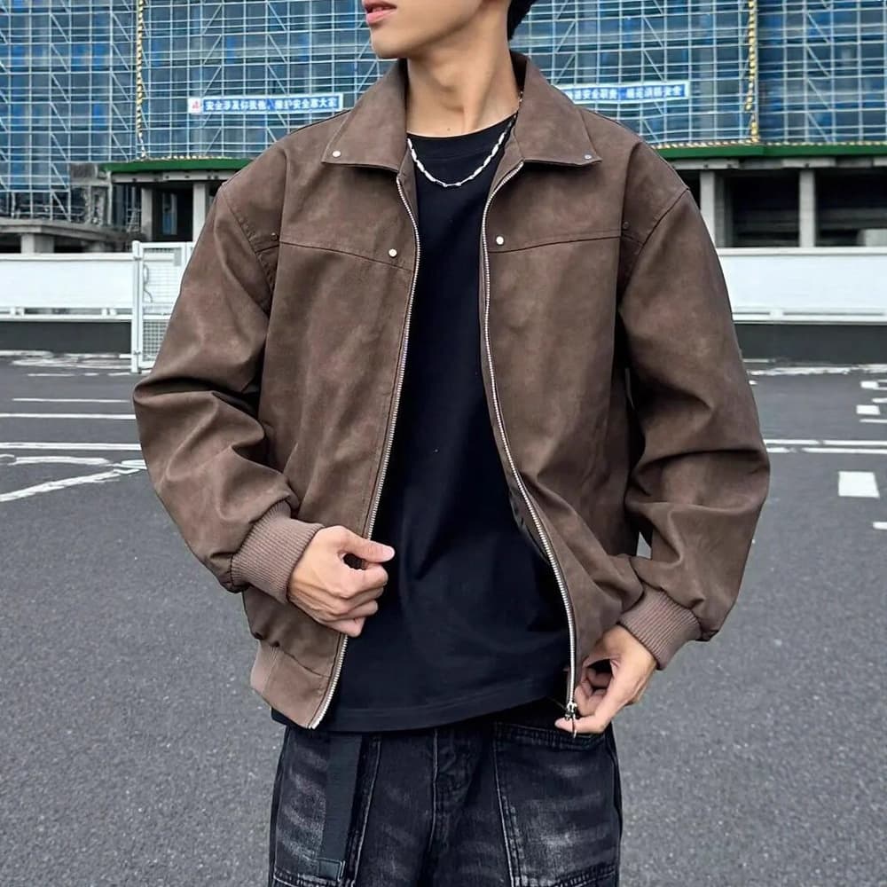 American Retro Rivet Jacket Men's Spring Autumn Notch Lapel Baseball Jacket Leather Coat for Couples