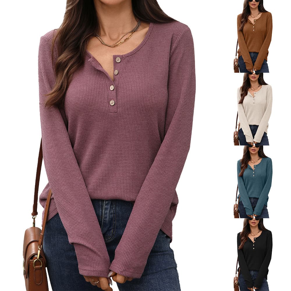 Amazon EU/US Cross-border Trade 2025 Autumn/Winter New Solid Color Round Neck Button Loose Long Sleeve T-Shirt Top for Women