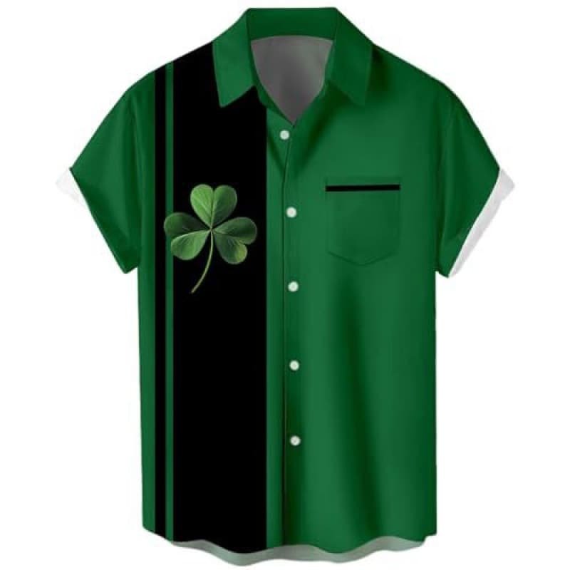 2025 Cross-Border Amazon Summer New Style Green Lucky Clover Print Men's Button-Down Short-Sleeve Shirt