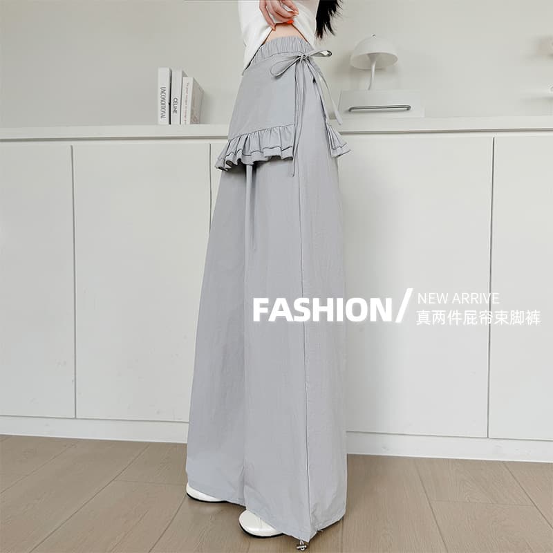 Ruffled Hem Layered Look Wide-Leg Pants for Women Summer New Loose Draped Casual Pants Straight Slimming Wide-Leg Trousers