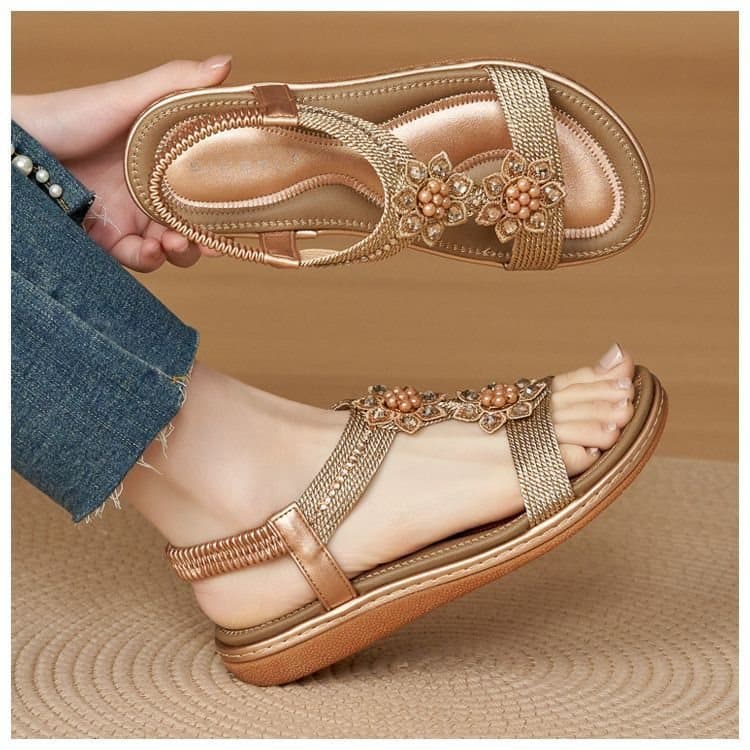 Bohemian Sandals Summer New Comfortable Cowhide Sole Woven Flat Shoes Beaded Open Toe Non-Slip Beach Women's Shoes
