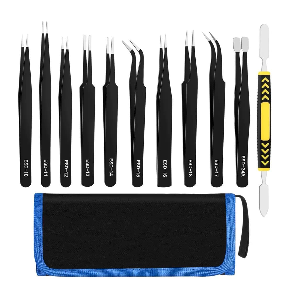 Stainless steel precision anti-static ESD pointed tweezers canvas bag bird's nest hair picking electronic disassembly repair tool kit