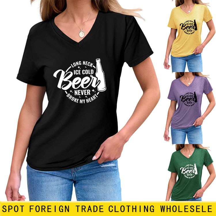 Amazon Personalized Fun Independent Site Women's V-Neck Long Neck Ice Short Sleeve T-Shirt Wholesale Cross-Border Trade