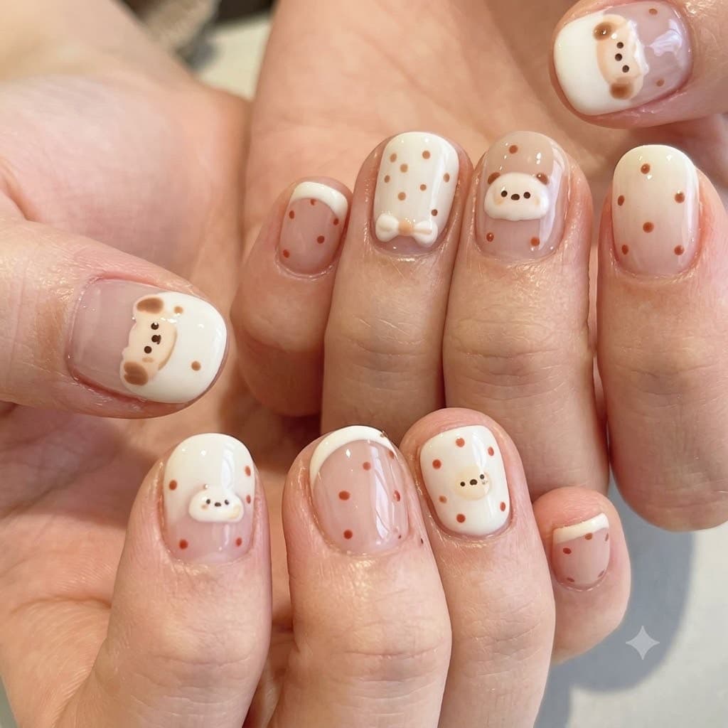 French Polka Dot Bear Cute Press-On Nails Short Whitening High-End Fresh Detachable Nail Tips Wholesale