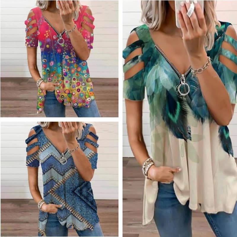2023 AliExpress Amazon European and American New Printed Zip V-Neck T-Shirt Pullover Short Sleeve Loose Fit Women's T-Shirt