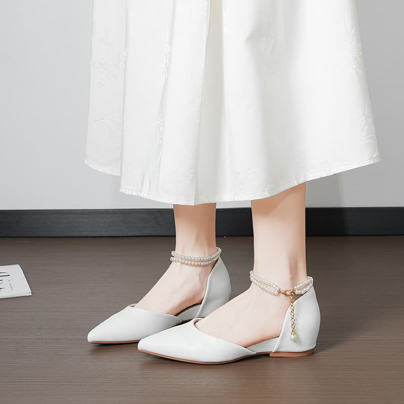 Women's Pointed Toe Double-Layer Pearl Side-Open Flat Shoes White Daily Commute Date Vacation Elegant Versatile Style