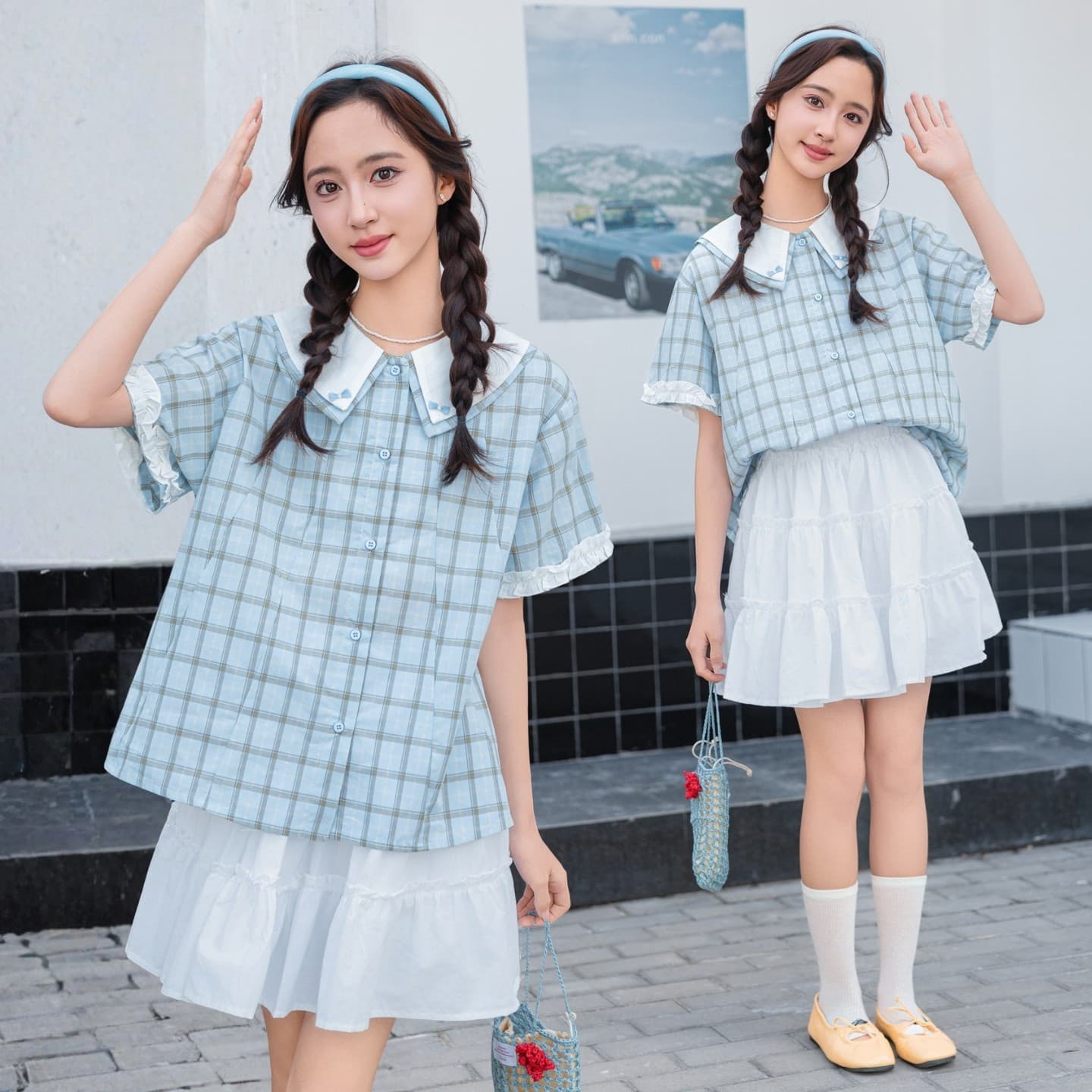 Junior High School Girls' Short-Sleeved Summer Clothing, Medium and Large Size Loose Plaid Shirts, T-Shirts, Youth Student Clothing