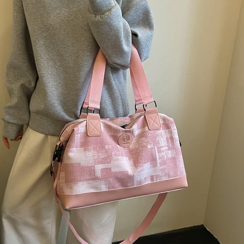 Vintage Pink Plaid Large Capacity Travel Bag Wet and Dry Separation Handheld Gym Bag Multifunctional PU Texture Yoga Sports Bag