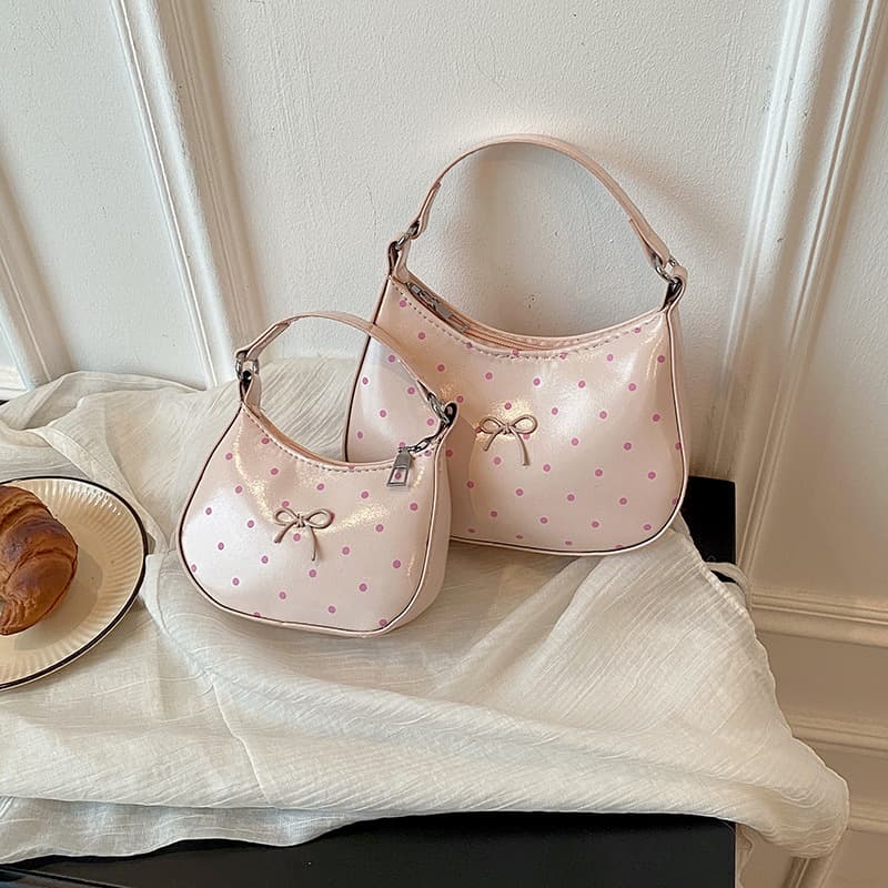Fashionable bow crossbody bag for women, polka dots, sweet Korean style, versatile lipstick, mini accessories, children's armpit bag