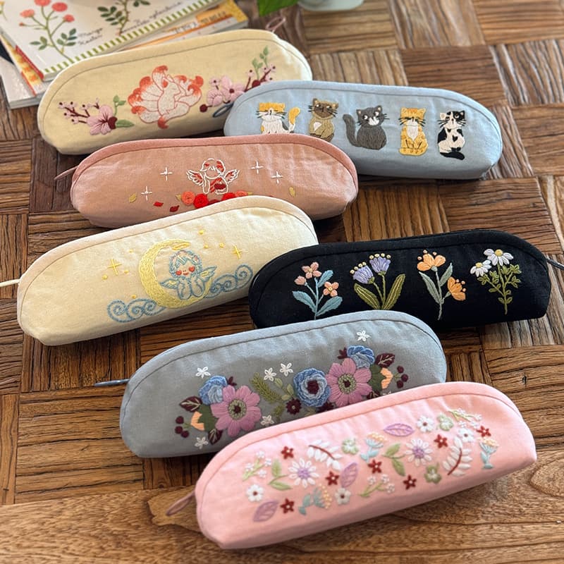 Minimalist Floral Pencil Case Handmade DIY Embroidery Kit, Cute Girls' Stationery Box Large Capacity Cartoon Storage Bag