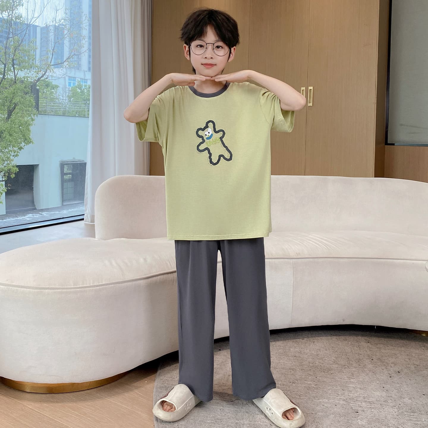Rayon Modal Ultra-Thin Boys' Pajamas Summer Round Neck Short Sleeve Long Pants Children's Homewear for Small, Medium, and Large Boys