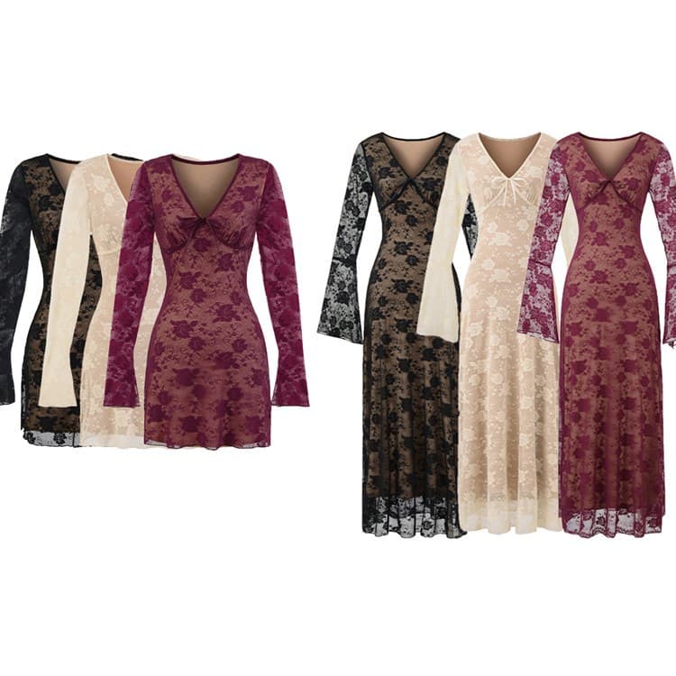 Sexy Darling retro design V-neck bow lace long-sleeved dress for women with waist slimming short skirt and long skirt