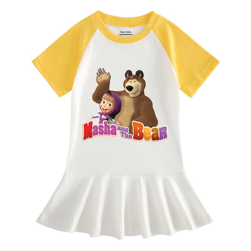2023 Masha and the Bear Summer Cartoon Short-Sleeve Girls Dress Cotton Princess Pleated Skirt