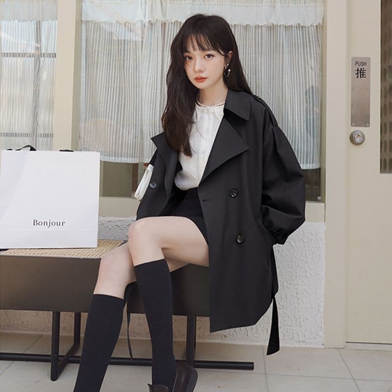 Short Khaki Trench Coat for Women, Loose Fit 2025 Spring/Autumn New Arrival, Korean Style Ins, Lantern Sleeve Coat for Petite