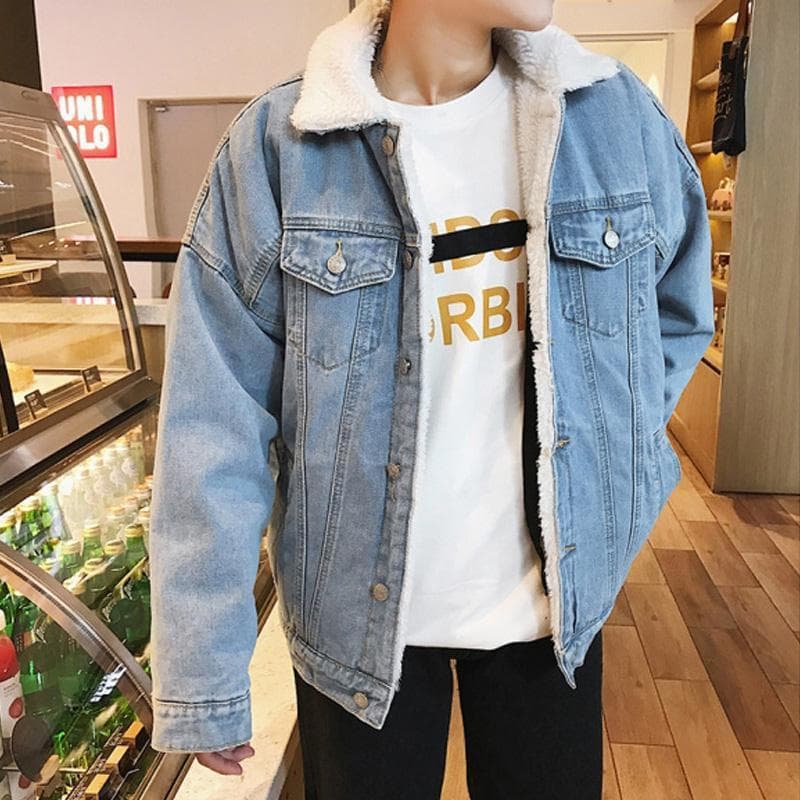 Winter Vintage Fleece-Lined Denim Jacket Men's Youth Korean Style Thickened Jacket Top Trendy Plus Size Foreign Trade Cotton Coat