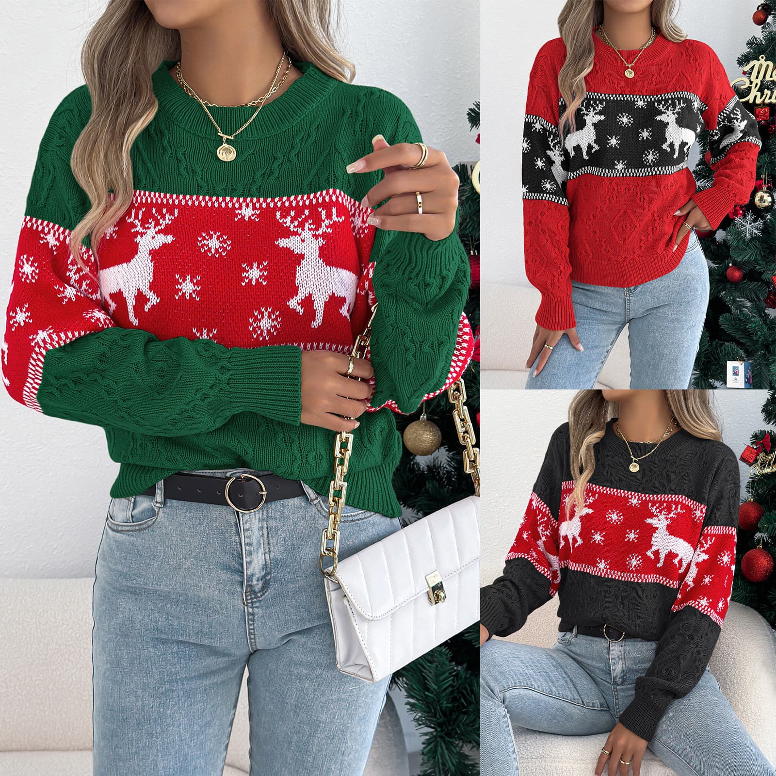 2026 Fall/Winter European and American Color-Block Snowflake Reindeer Long-Sleeve Pullover Sweater, Christmas Women's Fashion for Cross-Border E-Commerce