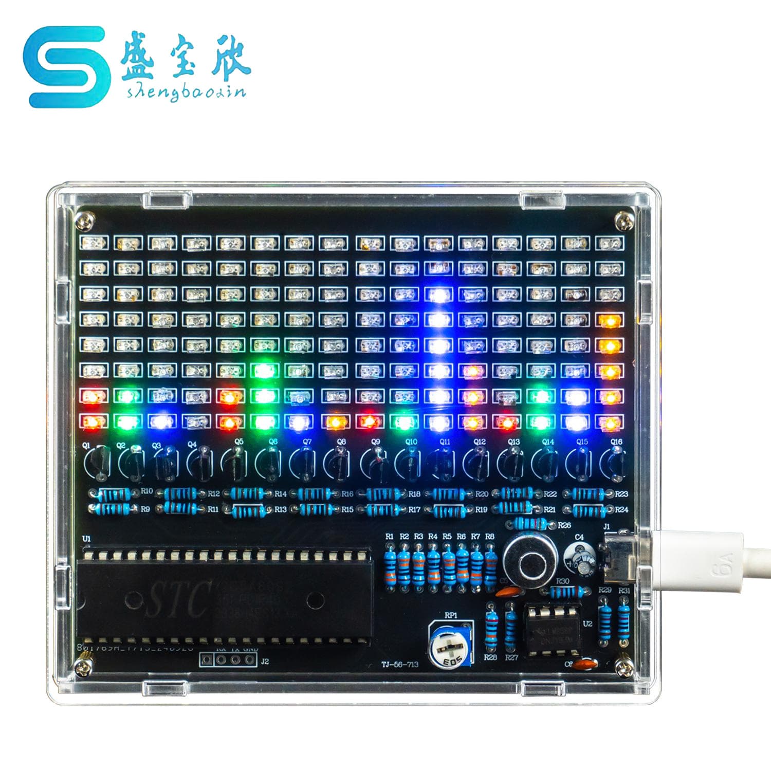 Four-color sound-controlled LED spectrum rhythm light, 8x16 LED matrix screen, fully plug-in soldered components TJ-56-713