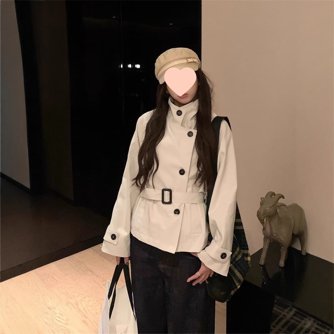 Lazy Chic Premium Short Trench Coat for Women 2025 Autumn New Arrival British Style Stand Collar Waist-Cinching Top