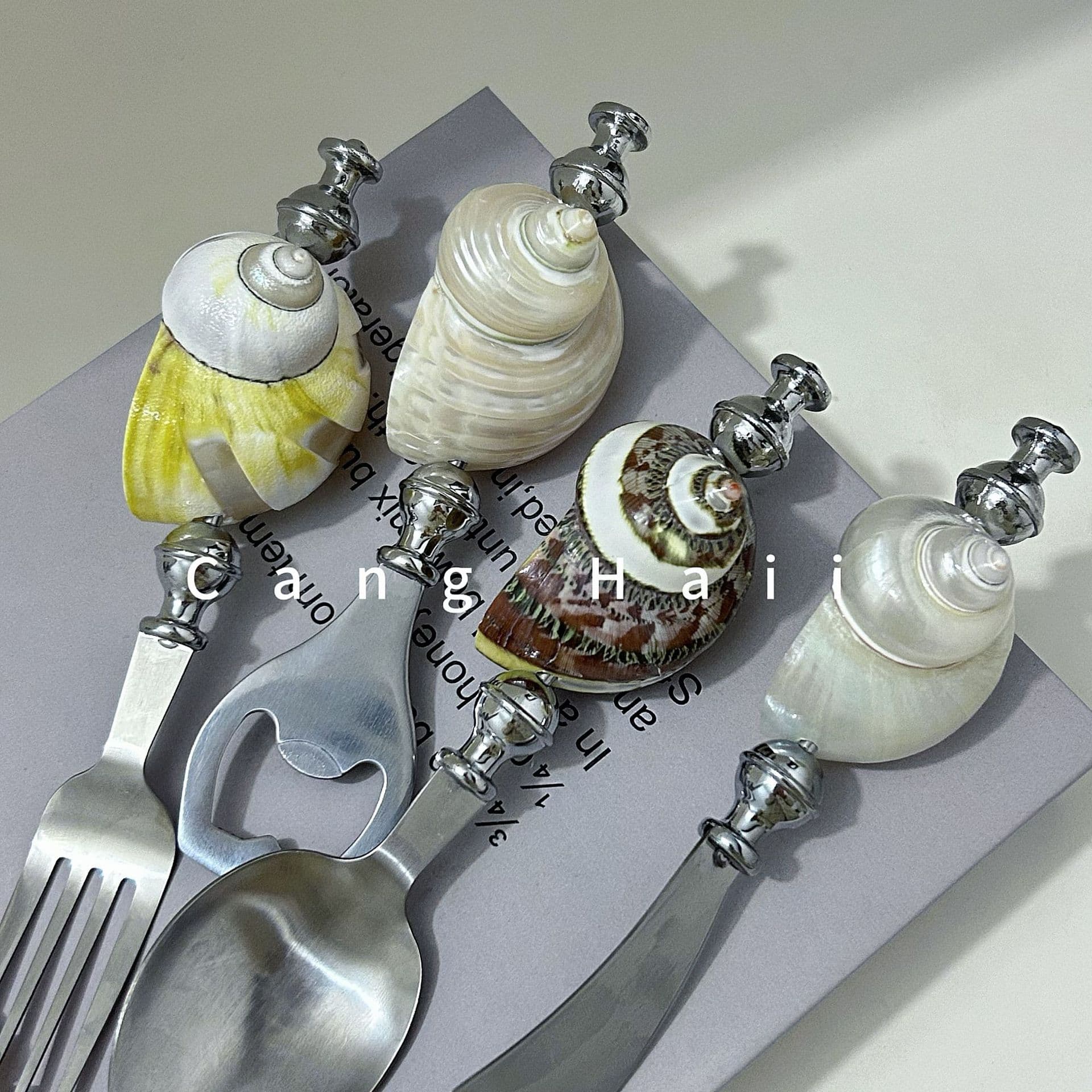 Natural Seashell Pearl Fork Bottle Opener Mediterranean Style Stainless Steel Cutlery Pasta Shellfish Handmade Dinnerware
