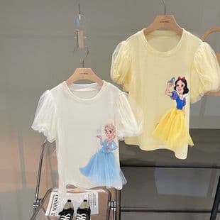 Girls Summer New Mesh Bubble Sleeve Princess T-Shirt, Children's Baby Fashionable Cartoon Short Sleeve Top, Versatile Trendy