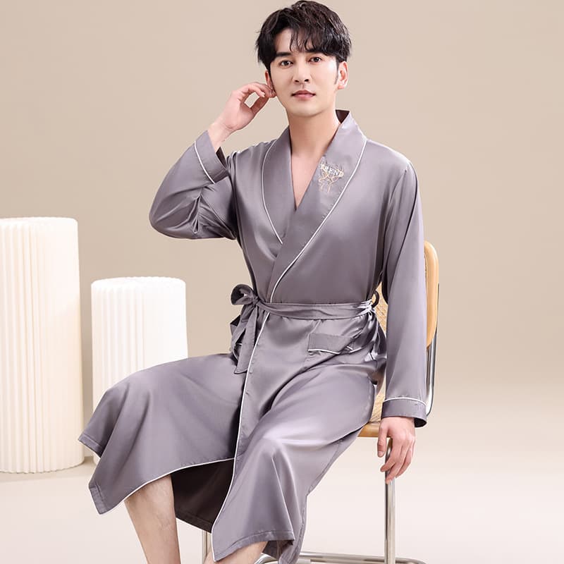 Ice Silk Nightgown Men's Summer Pajamas Thin Long-Sleeved Bathrobe Long Ink Style Large Size 2025 New Men's Dressing Gown