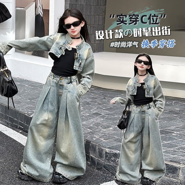 Girls Retro Washed Denim Suit 2026 Spring Medium-Large Kids Short Jacket Wide Leg Jeans Three-Piece Set Trendy