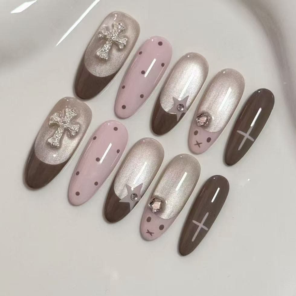 Cross-Border Popular Nail Art Cross-Shaped Alloy Accessories, Super Shiny Full Diamond Retro Silver Chrome Hearts Nail Rhinestones Wholesale